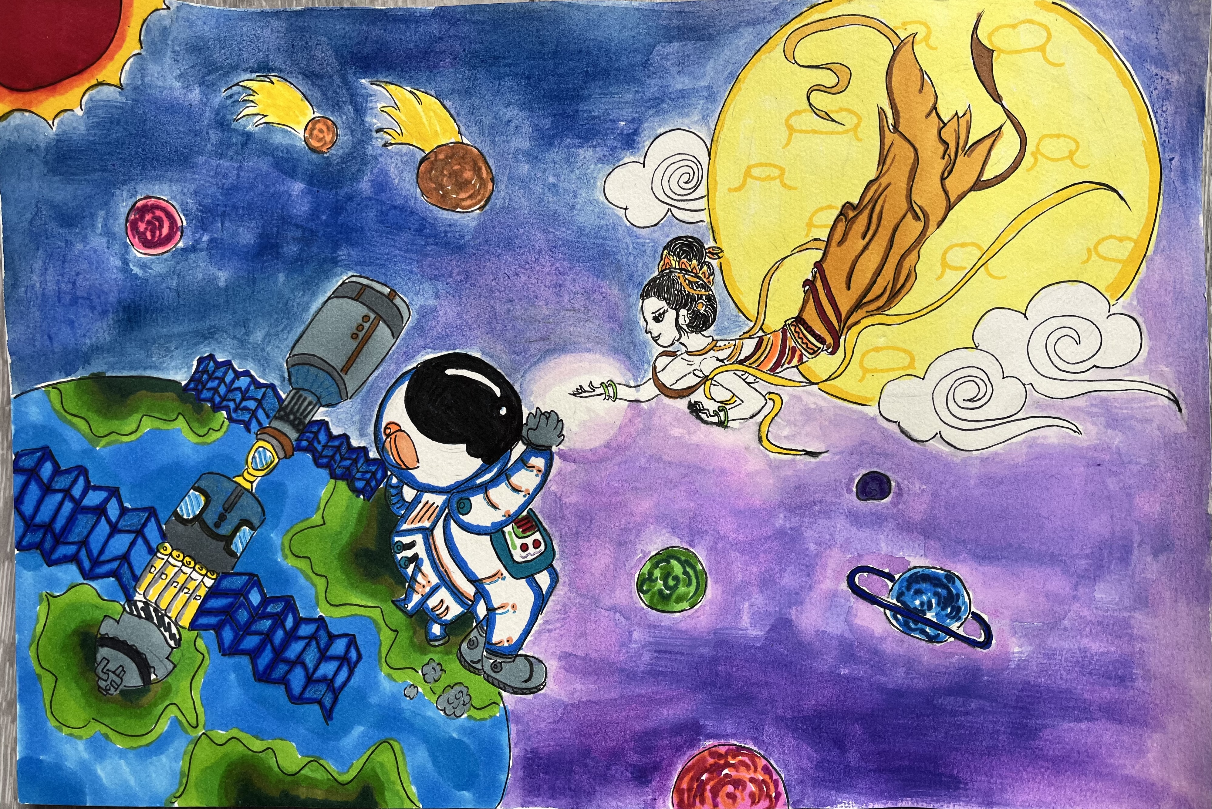 航天日绘画作品《千年之约》,北京市西师附小罗昭依