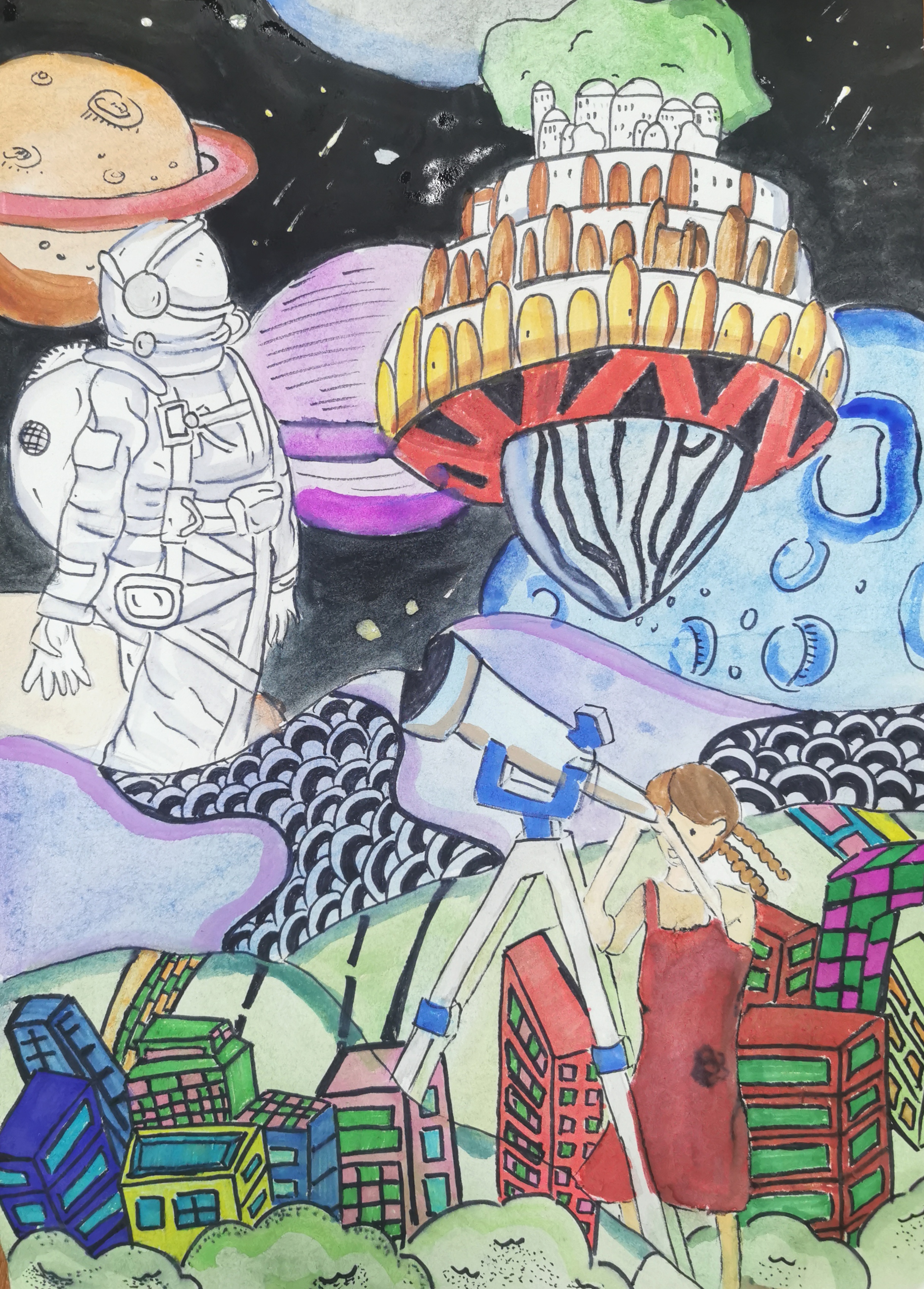 航天日绘画作品《天空之城》,北京市宣武师范学校附属第一小学常艺